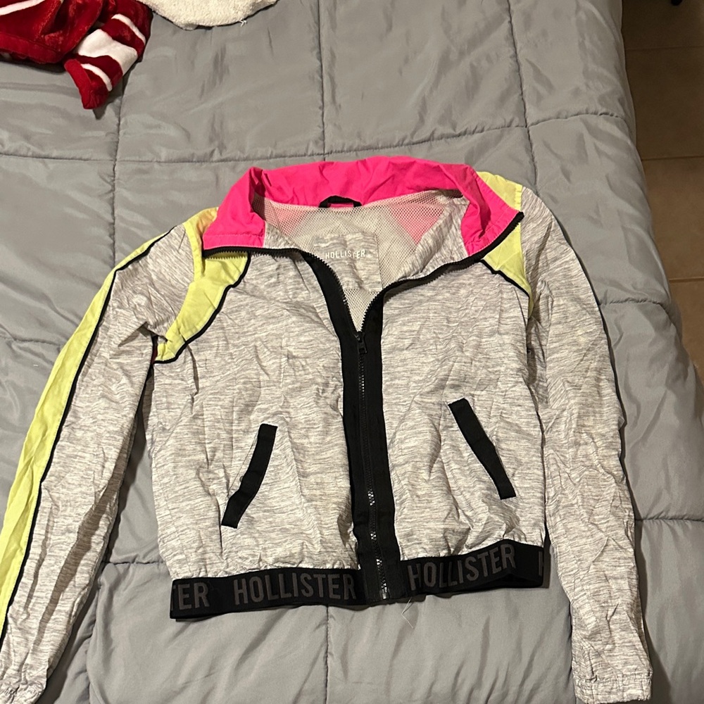 Hollister Windbreaker Heather Gray Jacket with Neon Yellow & Hot Pink Accents